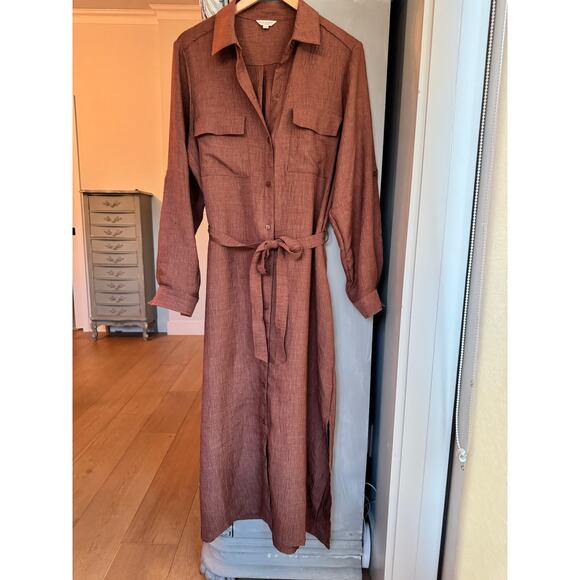 Max Studio Dress Sz L Brown Button Down Textured Long Sleeve Midi Shirtdress - Picture 2 of 9